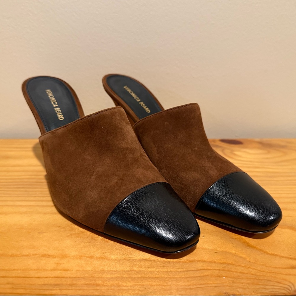 Veronica Beard Brown Suede Mules with Black Leather Cap Toe